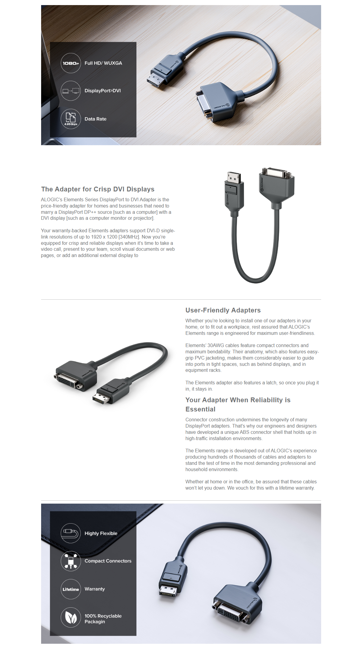 A large marketing image providing additional information about the product ALOGIC DisplayPort to DVI Adapter - Additional alt info not provided